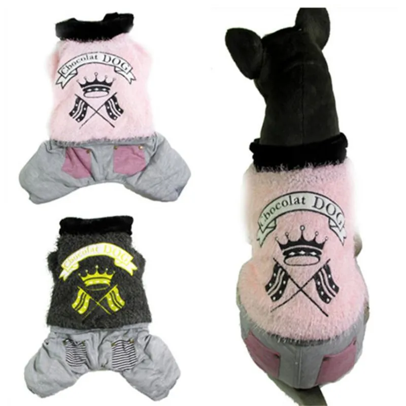 Fashion Fur Fleece Dog Romper Winter Warm Pet Clothes Jumper Crown Print Jumpsuit Overall