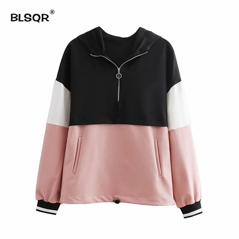 

Women Loose Patchwork Hooded Sweatshirts Long Sleeve Pockets Drawstring Tie Basic Pullovers Female Pink Tops