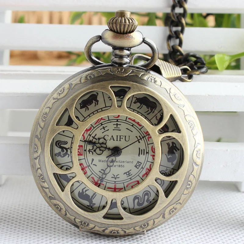 Ретро бронзовые 12 зодиака полые медные компас Механические карманные часы