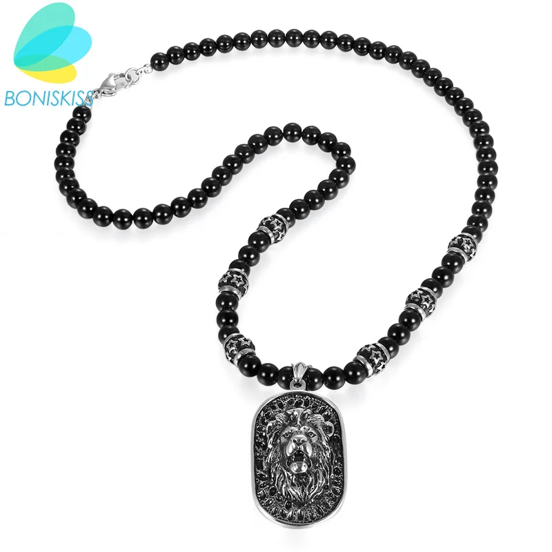 Boniskiss Punk Gothic Lion Dog Tag Stainless Steel Pendants Black Beads Statement Necklace For Men Jewelry
