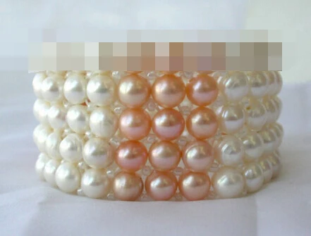 

000196 5rows round white pink freshwater cultured pearl bracelet