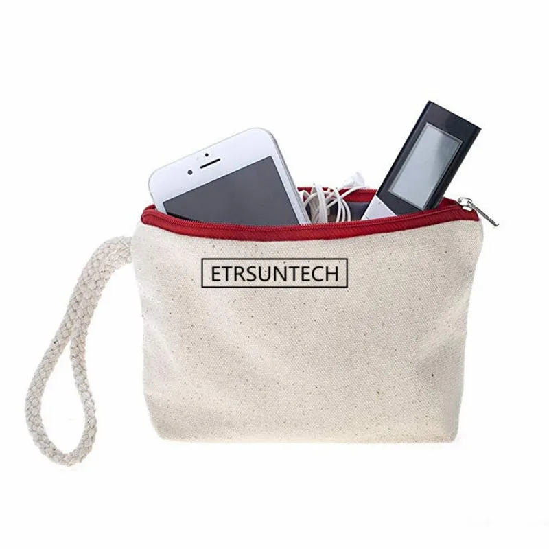 

60pcs/lot High quality blank canvas zipper pouches cotton cosmetic Bags makeup bags Mobile phone bag With Rope