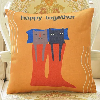 

Custom Made Cushion Cover Pillow Case Seat Lumbar Envelop for Sofa Linen Cotton 45*45cm 55*55cm Couple Cat Happy Orange