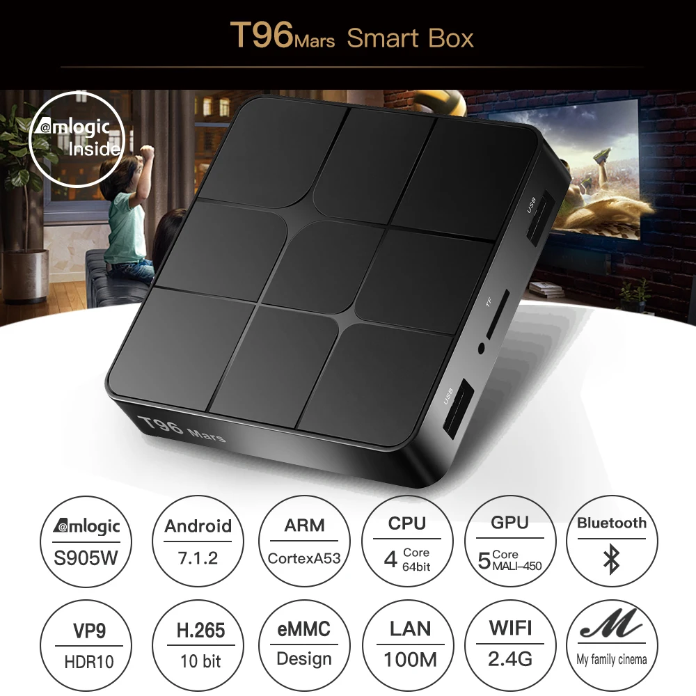 T96 Mars Android 7,1 Smart ТВ Box Amlogic S905W 4 ядра 2 ГБ оперативной памяти 16 ГБ Rom Bluetooth WI-FI H.265 3D 4 К сентября-Top Box Media Player