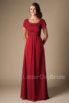 

Dark Red Chiffon A-line Long Formal Full Length Modest Bridesmaid Dresses With Cap Sleeves Formal Wedding Party Dresses