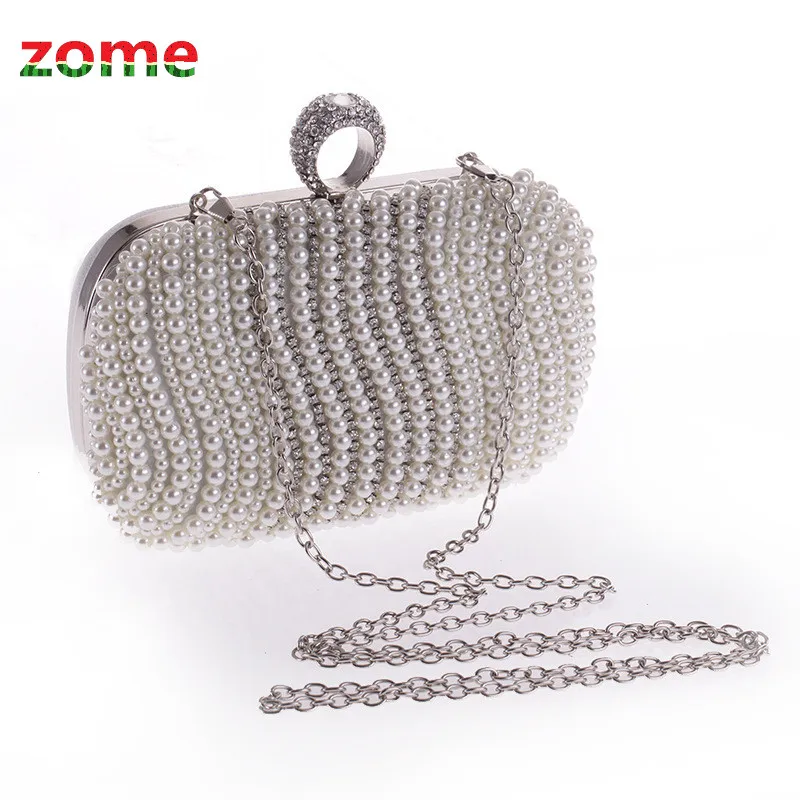 2018women Free Shipping Full Side Beaded simulation Hobos clutch bag diamond wedding pearl beige ...