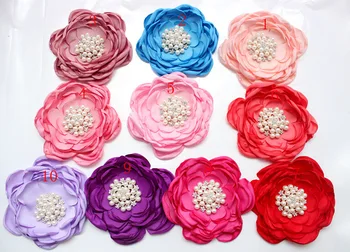 

(20pcs/lot) 3.5" Satin Burned Petal Layered Handmade Flowers With Pearl Rhinestone Flower