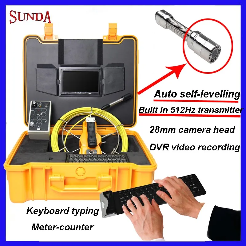 

Pipe inspection camera 28mm self level image with keyboard typing meter counter DVR video recording built in 512hz auto balance