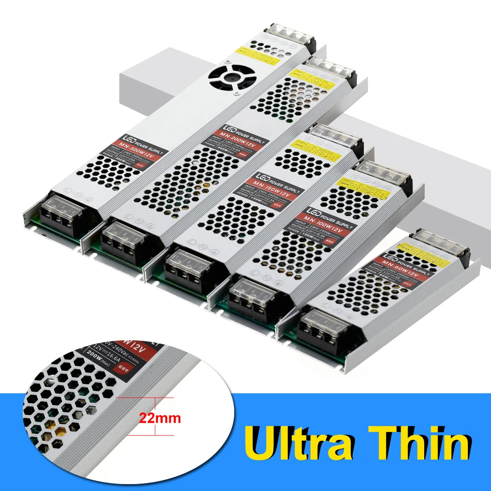 Ультра тонкий светодиодный Питание DC12V трансформаторы систем освещения 60W 100W 150W 200W 300W 12V Светодиодный драйвер Мощность адаптер для Светодиодный полоски