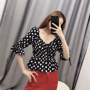 

2019 summer new polka dot bow shirt ruffled puff sleeves shirt women