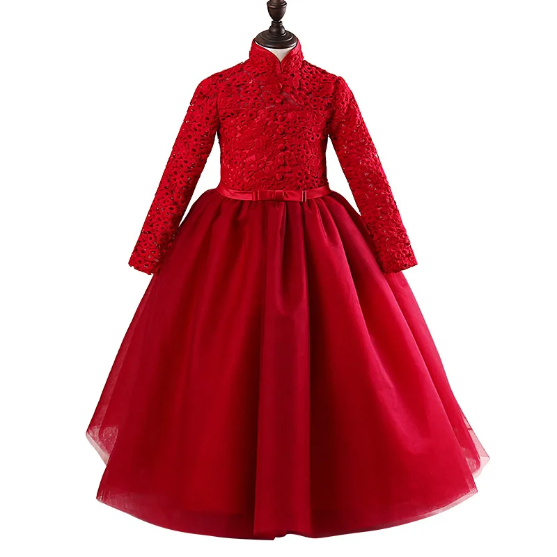 Высококачественное Красное длинное платье с цветочным узором для девочек, простое платье для девочек 3, 4, 6, 8, 10, 12, 14 лет, Рождественская Детская одежда, RKF185001