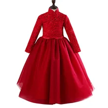 Высококачественное Красное длинное платье с цветочным узором для девочек, простое платье для девочек 3, 4, 6, 8, 10, 12, 14 лет, Рождественская Детская одежда, RKF185001