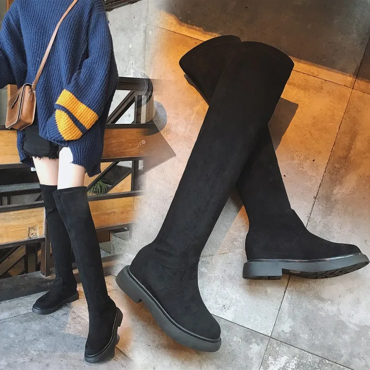 

Thigh High Flat Boots Women Spring Long Over The Knee Boots Shoes Ladies Sexy Party Elastic Force Motorcycle Boots Size 35-39