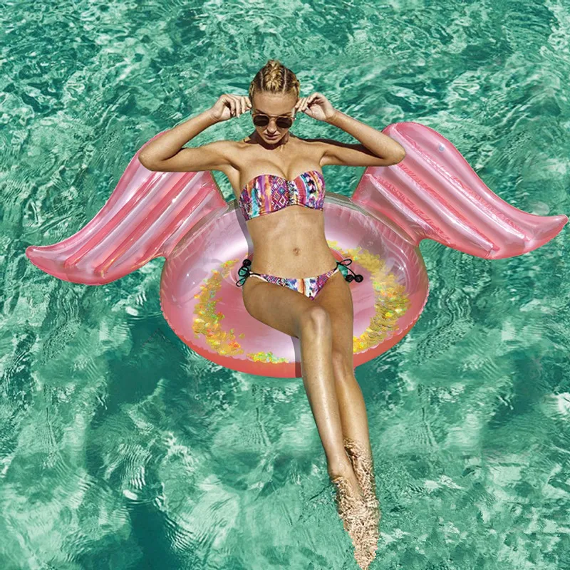 New Giant Inflatable Flamingo Wings Swimming Ring With Colorful Glitters Inside Pool Float Swimming Circle for kids and adults