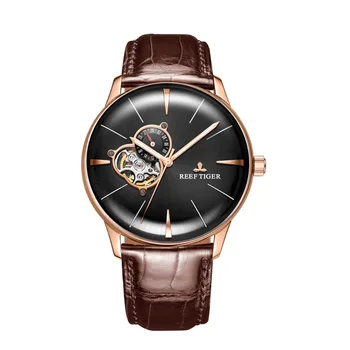 

Reef Tiger/RT Luxury Rose Gold Watch Men's Automatic Mechanical Tourbillon Leather Strap Watches Relogio Masculino+Box RGA8239