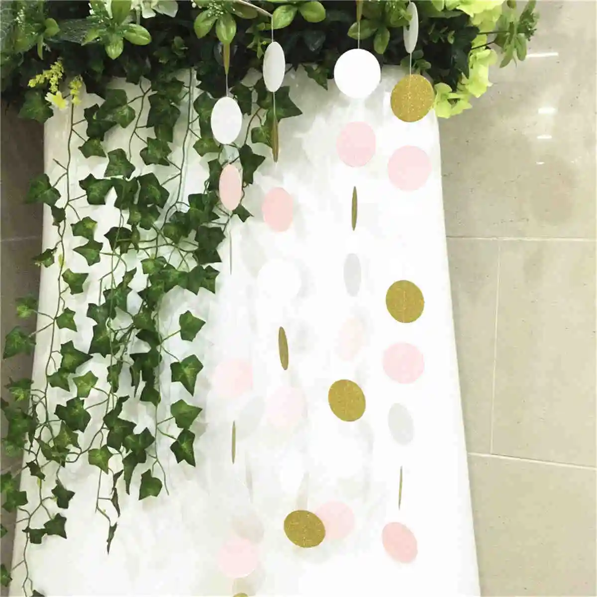 JX-LCLYL 40 pieces Pink White & Gold Glitter Circle Polka Dots Paper Garland Banner 10FT New Decor