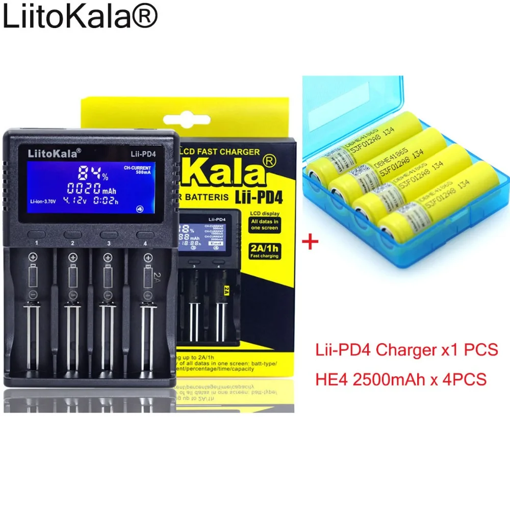 

4pcs 3.6V 18650 HE4 2500mAh Rechargeable battery+1pcs New LiitoKala lii-PD4 LCD 3.7V 18650 21700 battery Charger