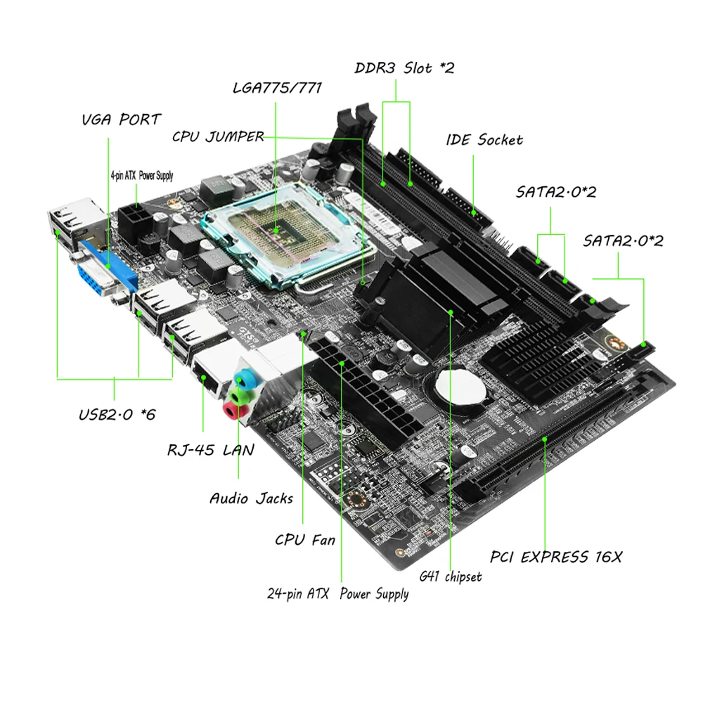 Материнская плата Jingsha Материнская плата Intel G41 чипсет SATA порт разъем LGA 771/LGA 775 DDR3 8 Гб для Windows 7/10