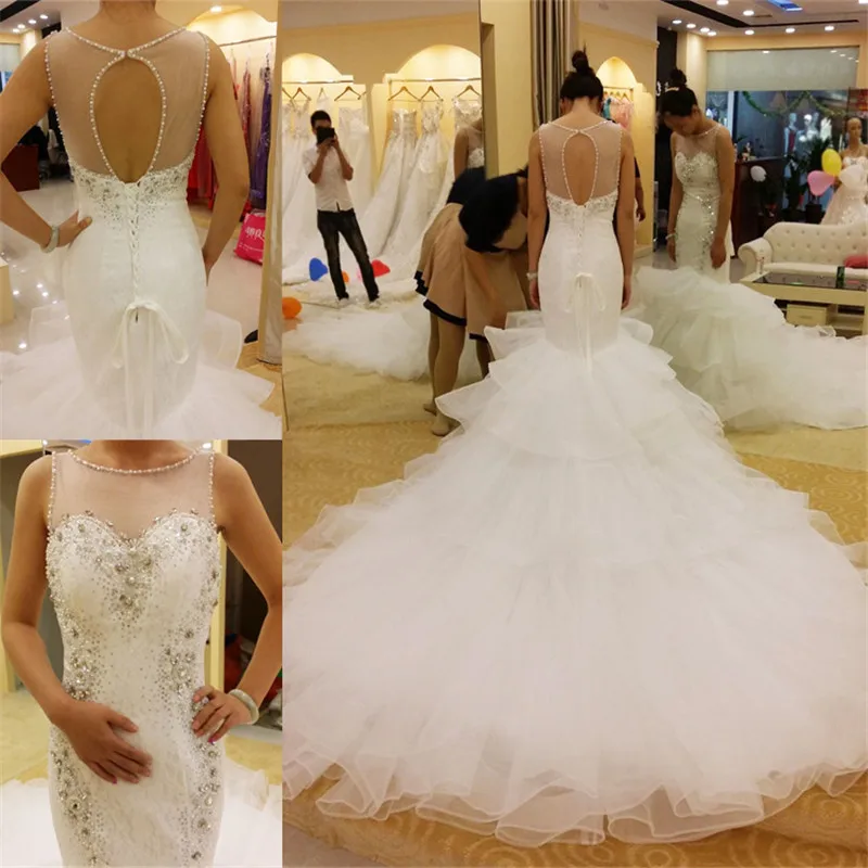 

Robe de mariee 2019 Vintage Bridal Gowns See Though Tulle Crystal Beads Keyhole Wedding Dresses Vestido De Noiva