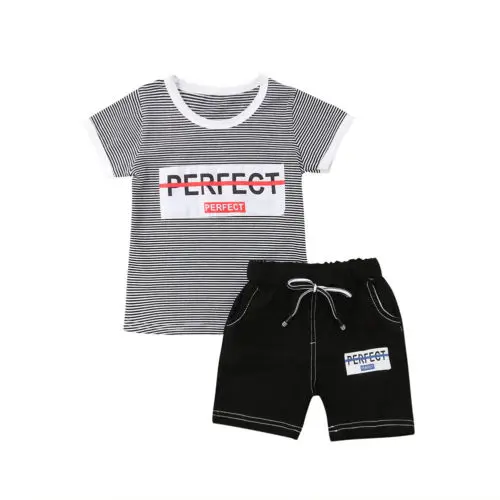 Toddler Kids Short Sleeve Letter Round Neck Tops Striped T-shirt Shorts Cute Boys Clothing 2PCs Summer Newborn Baby Boy Set