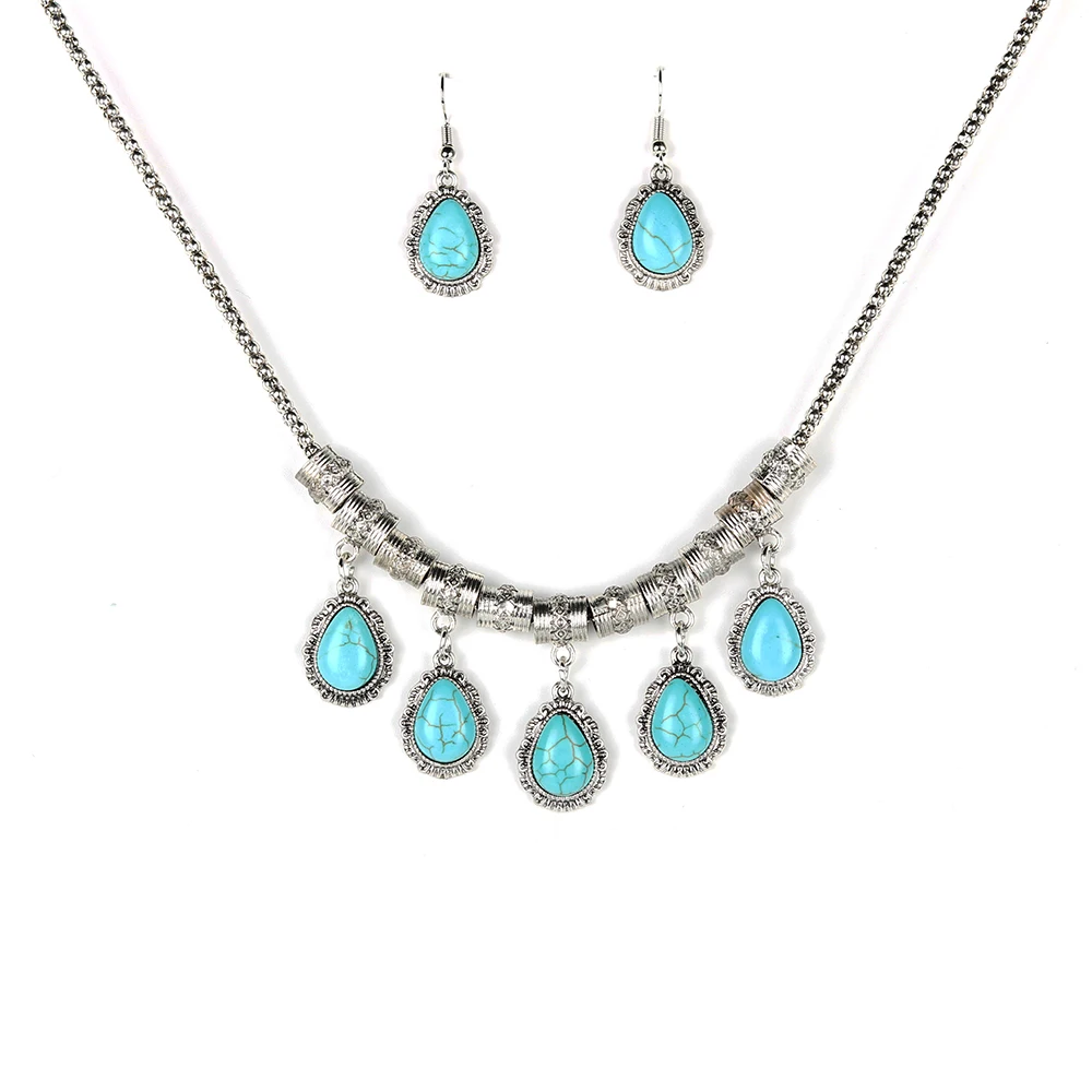 Parabola Created Turquoise Water Drop Choker Pendant Earrings and Necklace Jewelry Sets Silver Color for Women Girl ZSS0001 | Украшения и