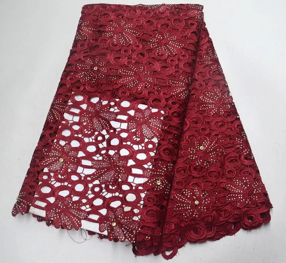 

High Quality Wine African Tulle Lace Fabric 2019 Latest African French Guipure Lace Material Nigerian Rhinestones Lace Fabric
