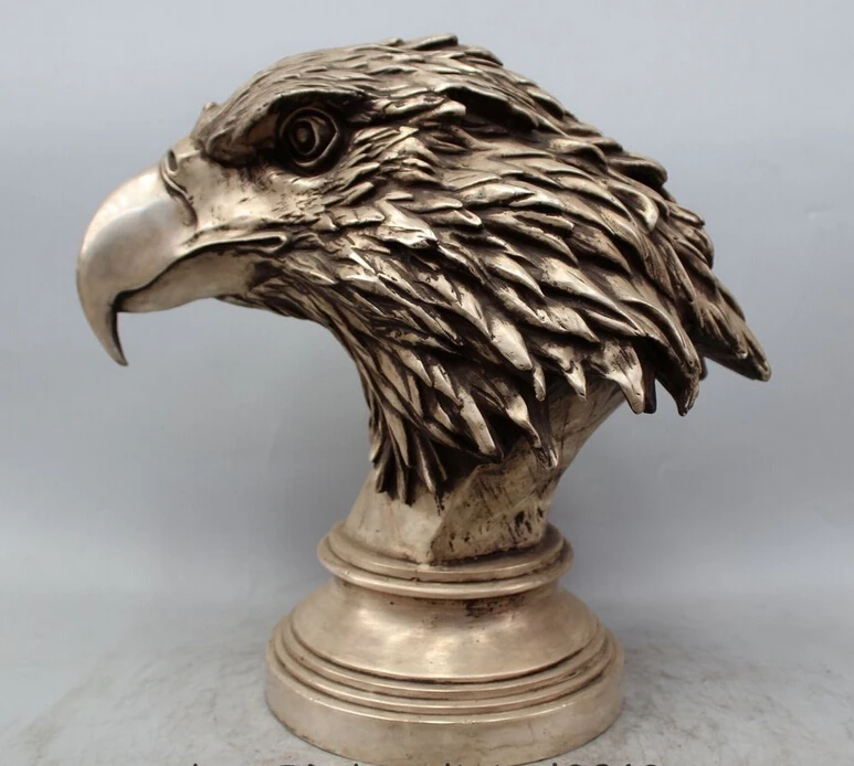

14" China Silver Feng Shui animal Eagle King of Birds Head Bust Statue Sculpture