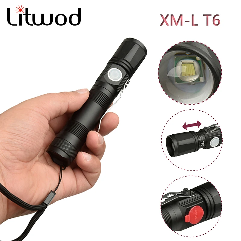

Litwod Z20 XM-L T6 4960lm 1509 powerful Micro USB Rechargeable LED flashlight torch LEDZoomable Charging Aluminum alloy Lantern
