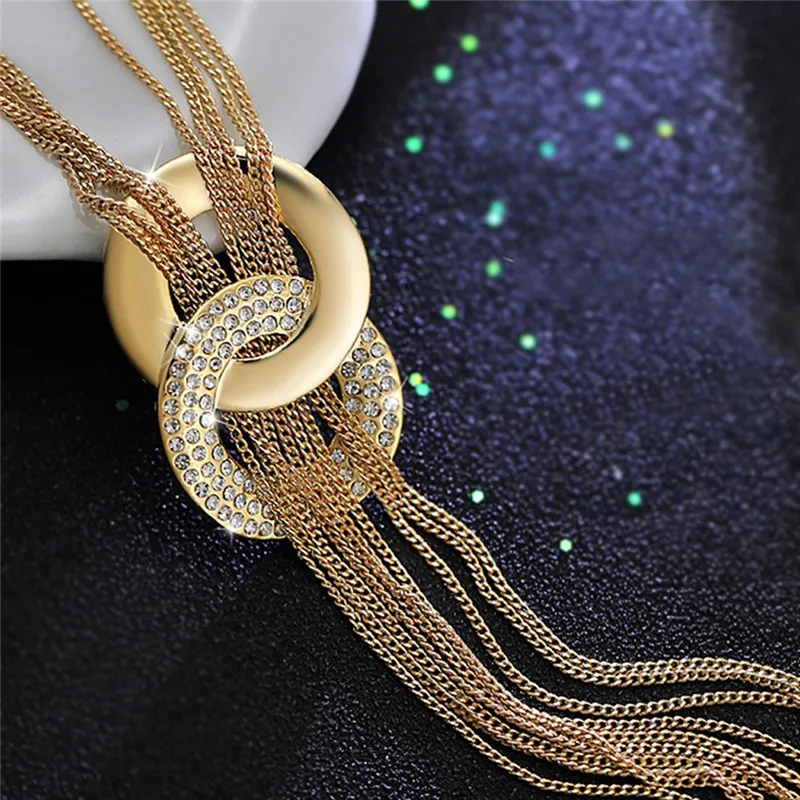 

New Arrival Simple Style Female Accessories Round Circle Long Tassel Shiny Gold Silver Color Chain Necklaces High Quality