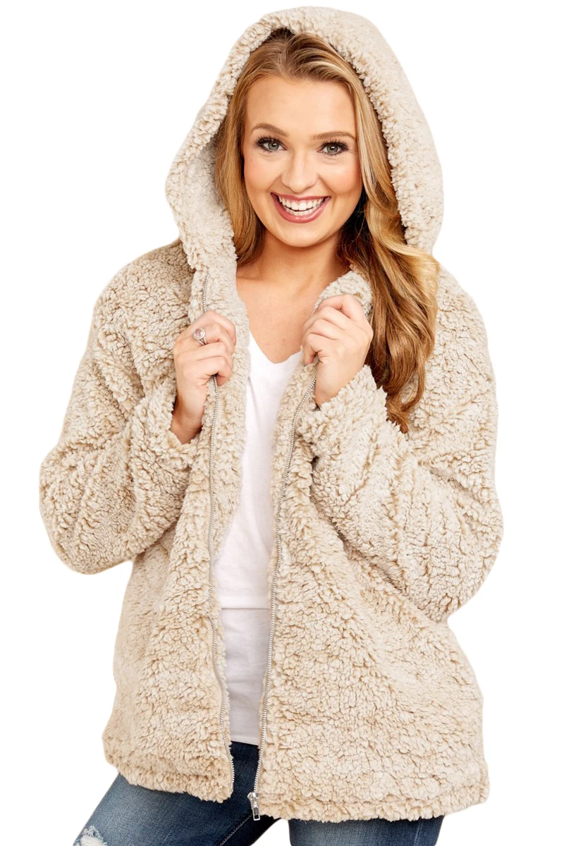 2018 New Arrival Winter Women's Casual Khaki Zip Down Furry Hooded