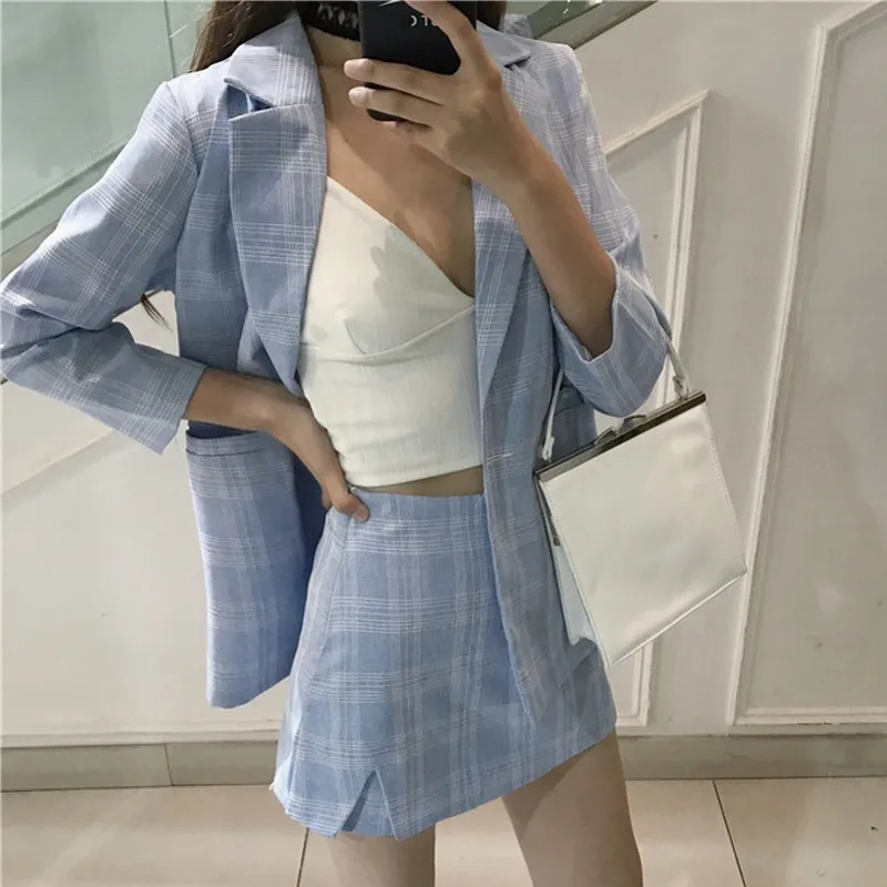 

Fashion Two Piece Set Long Paragraph Lattice Suit Jacket Irregular Skirt Pants Suit 2018 Single Button 2 Piece Set Women