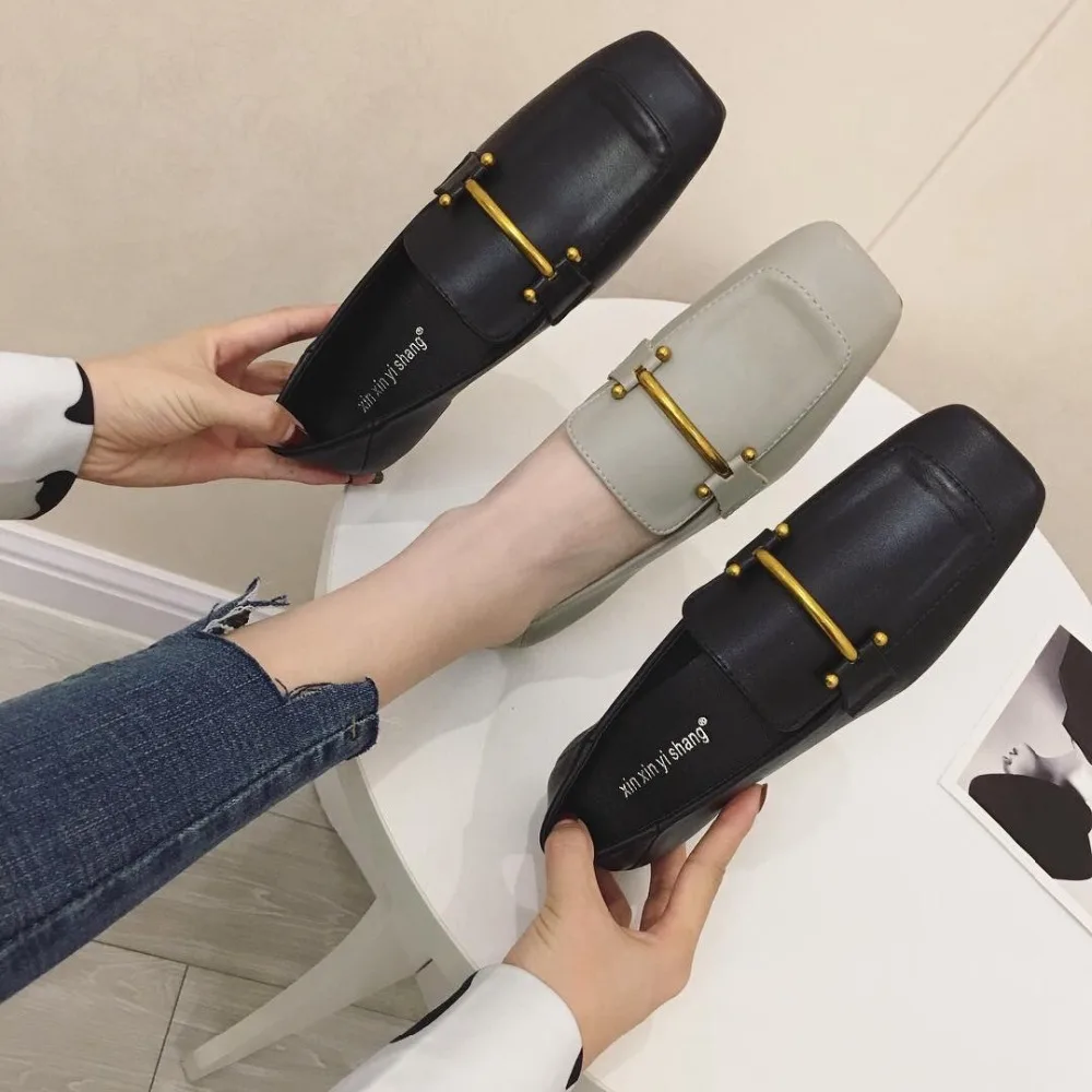 

2019New Design spring mules metal buckle soft moccasin comfy espadrille women work square ballet pea shoe woman handsew loafers