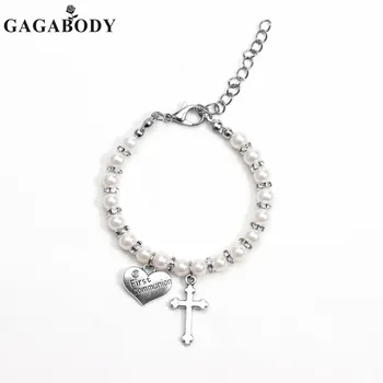 

2017 1PC FIRST COMMUNION White Simulated-Pearl Bead Bracelet with Heart and Cross Pendant for Kids Dress Up Best GIFT