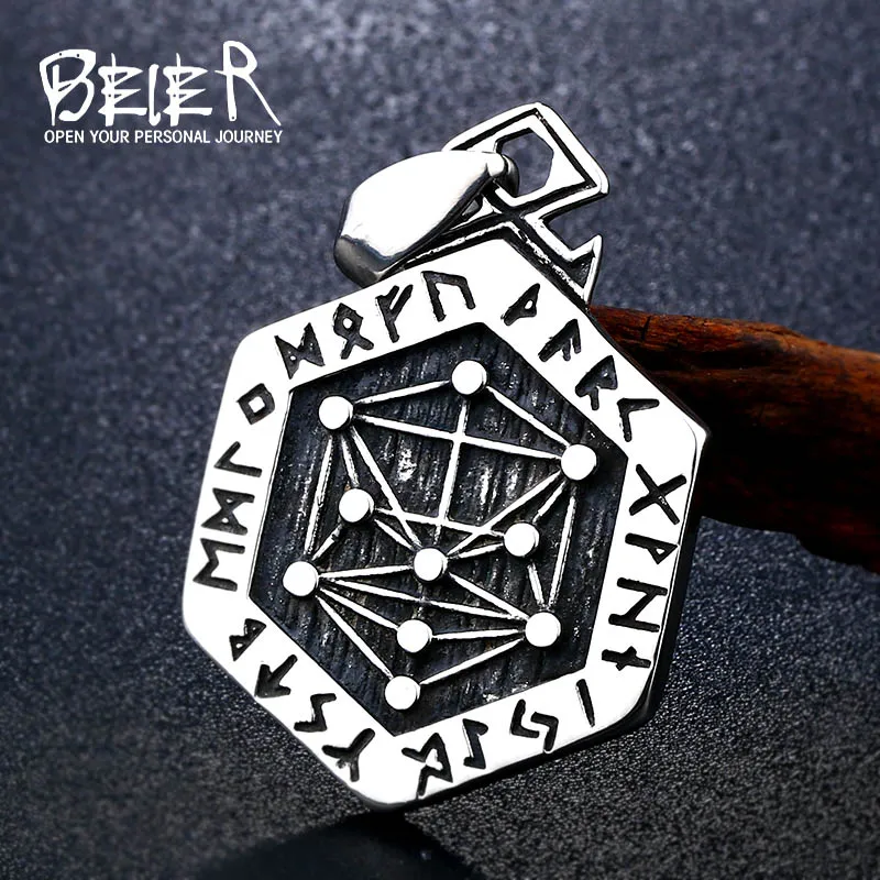 

Beier 316L Stainless Steel Norse Viking Vegvisir Compass Pendant necklace Valknut Odin's Symbal Of Norse Runic Six stars BP8-312
