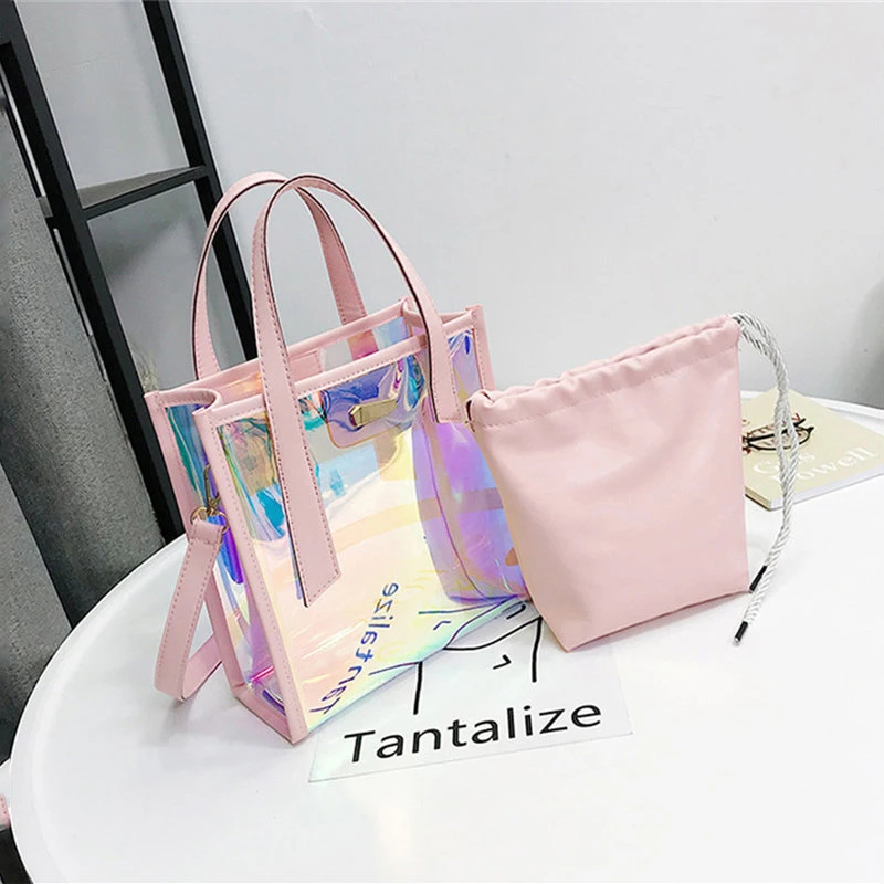 OLD TANG Two-piece Set Women 's Handbags Laser Korean Style Bags Transparent Shoulder Bags Jelly Candy Strap Clear Women Bag OLD TANG Two-piece Set Women 's Handbags Laser Korean Style Bags Transparent Shoulder Bags Jelly Candy Strap Clear Women Bag