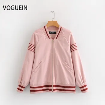 

VOGUEIN New Womens Pink Striped Hem Long Sleeve Bomber Jacket Baseball Coat Wholesale