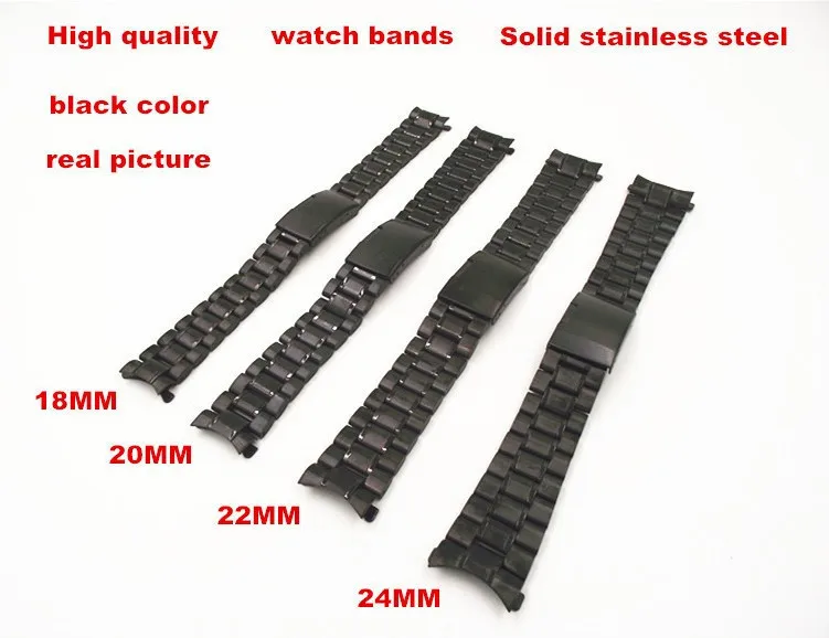 

Wholesale 10PCS/ lots High quality 18MM , 20MM , 22MM , 24MM , Solid Stainless Steel Watch band Watch strap black color-08145