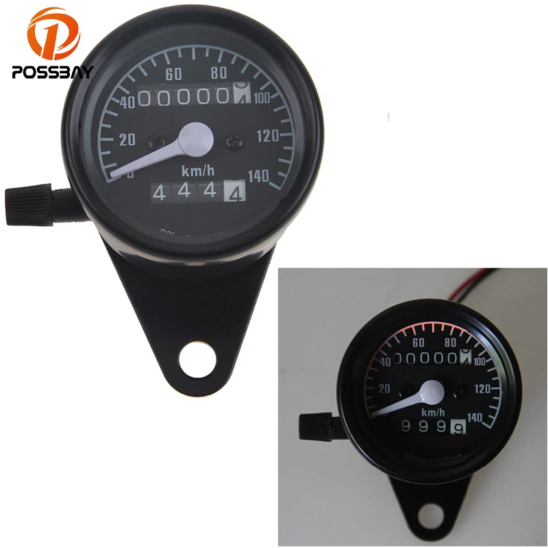 POSSBAY Round Motorcycle Dual Odometer Speedometer Gauge LED Backlights