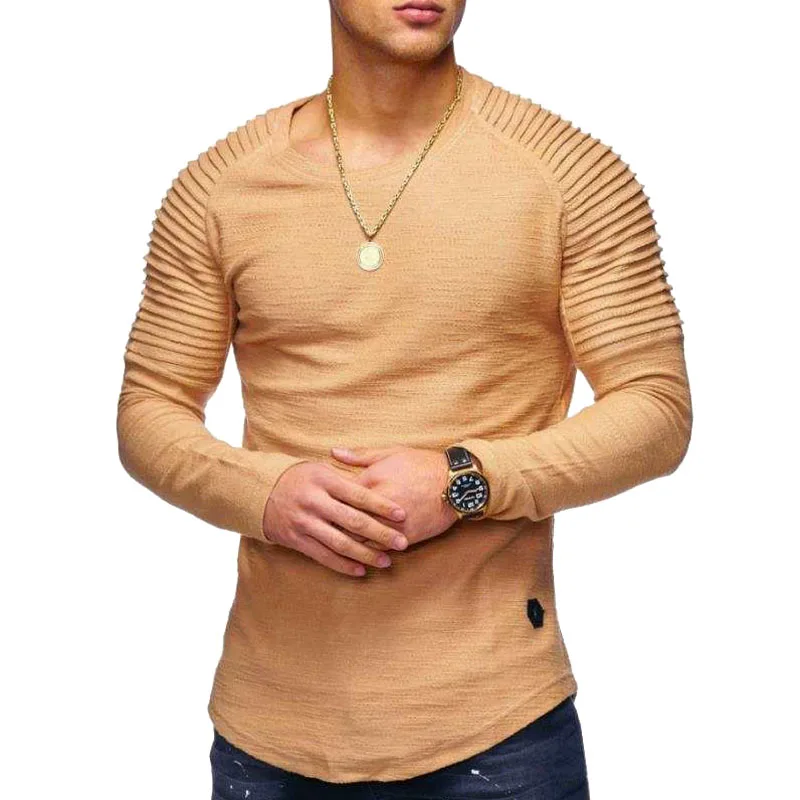 

2018 New Fashion Men's Round Neck Slim Solid Color Long-sleeved T-shirt Striped Fold Raglan Sleeve Style T shirt Men Tops Tees