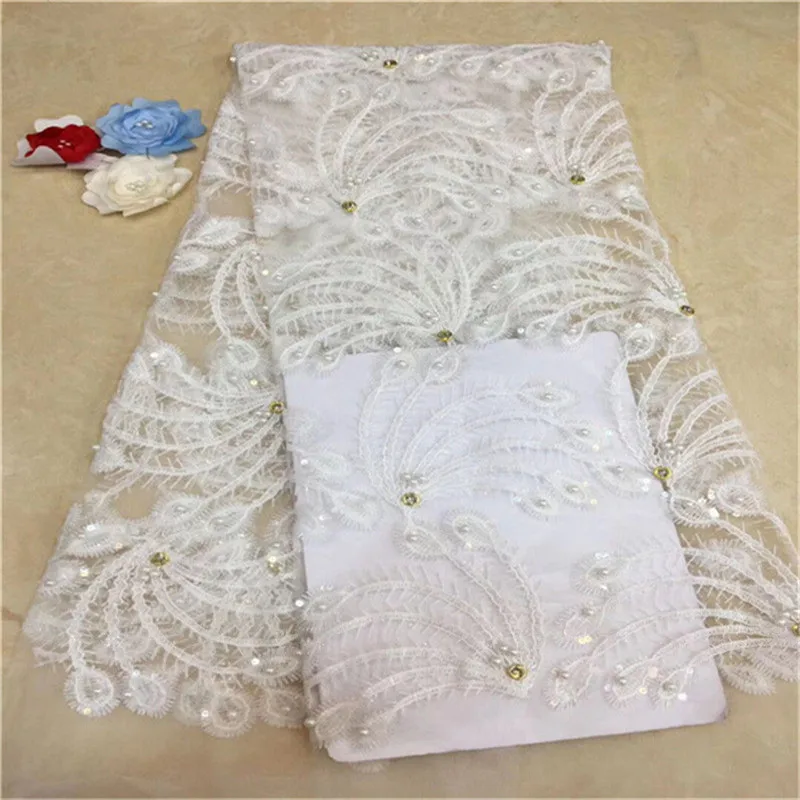 

African Lace Fabric beads stones High Quality Lace Fabric French Sequins Net Cord Tulle Fabrics Nigerian Laces For Wedding Dress