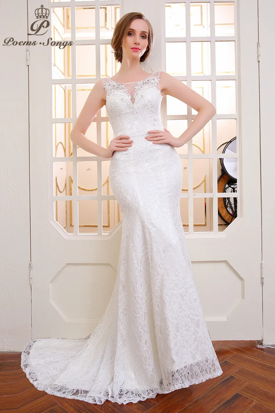 

Poemssongs lace flower mermaid wedding dress vestido de noiva sereia com renda arabische abendkleider ball gown bridal dress