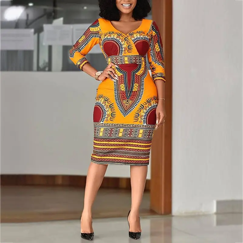 Fashion Ethnic Print African Dress Women Office Sexy Bodycon High Waist Slim Street Casual Party Female Autumn Midi Dresses