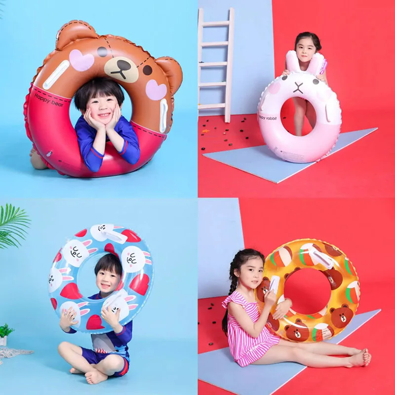 

Kids Cartoon Swimming Ring With Handle Brown Bear Kenai Rabbit Float Children Inflatable Pool Float Toys Child Gift Summer Fun