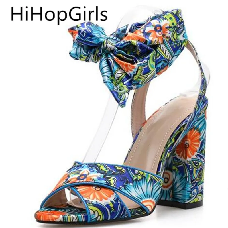 

HiHopGirls Summer Ladies High Heel Sandals Bohemian Pattern Cross Straps Square Root High Heels Roman Style Sexy Women's Shoes