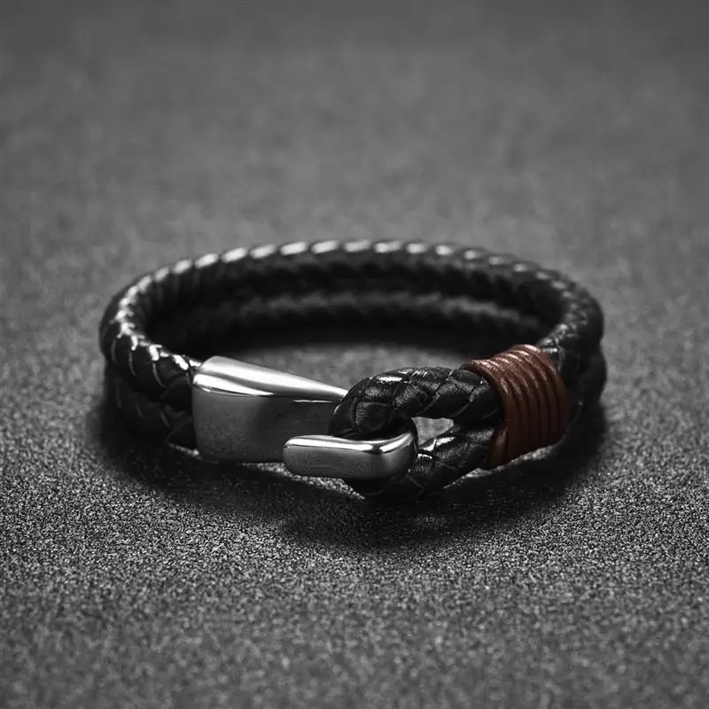 Jiayiqi двухслойный модный мужской кожаный браслет из нержавеющей стали, ювелирные изделия, Мужская простая застежка, черный