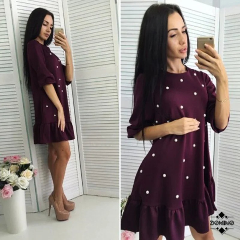 Women Casual Beading Ruffle Loose Dress 2018 Summer Woman Half Sleeve Mini Dresses Ladies Fashion Bodycon Beach Plus Size | Женская