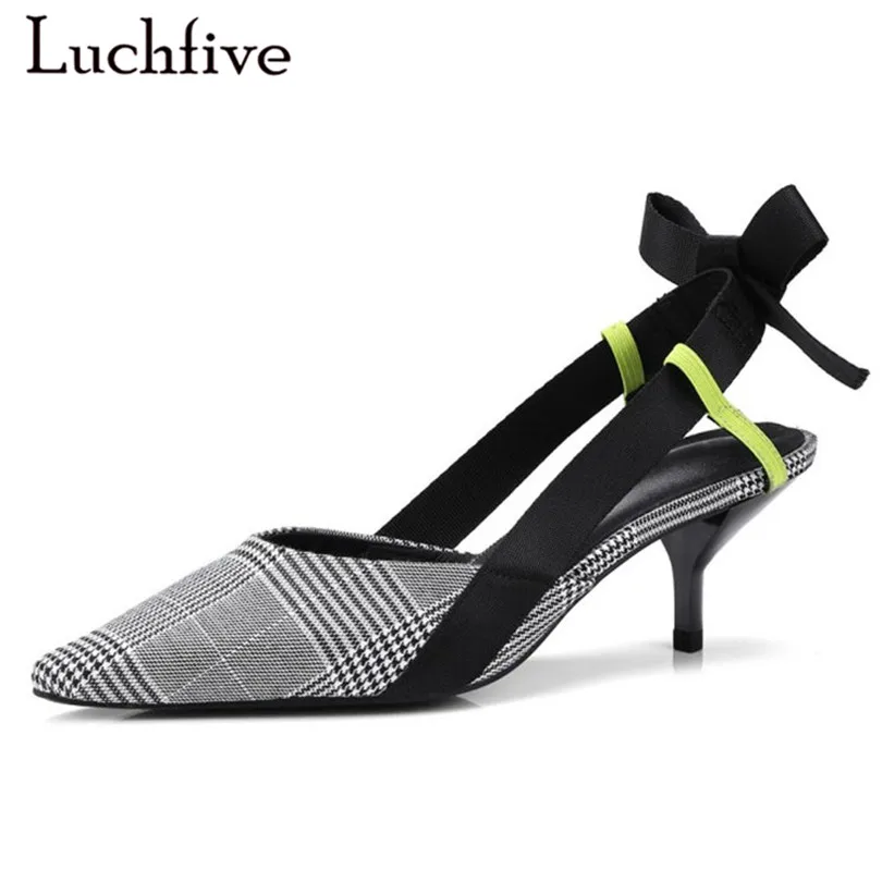 

Spring Pumps 6.5 cm kitten heels butterfly knot decor party Shoes Women plaid stripe bowties summer sandals 2018 Chaussure Femme
