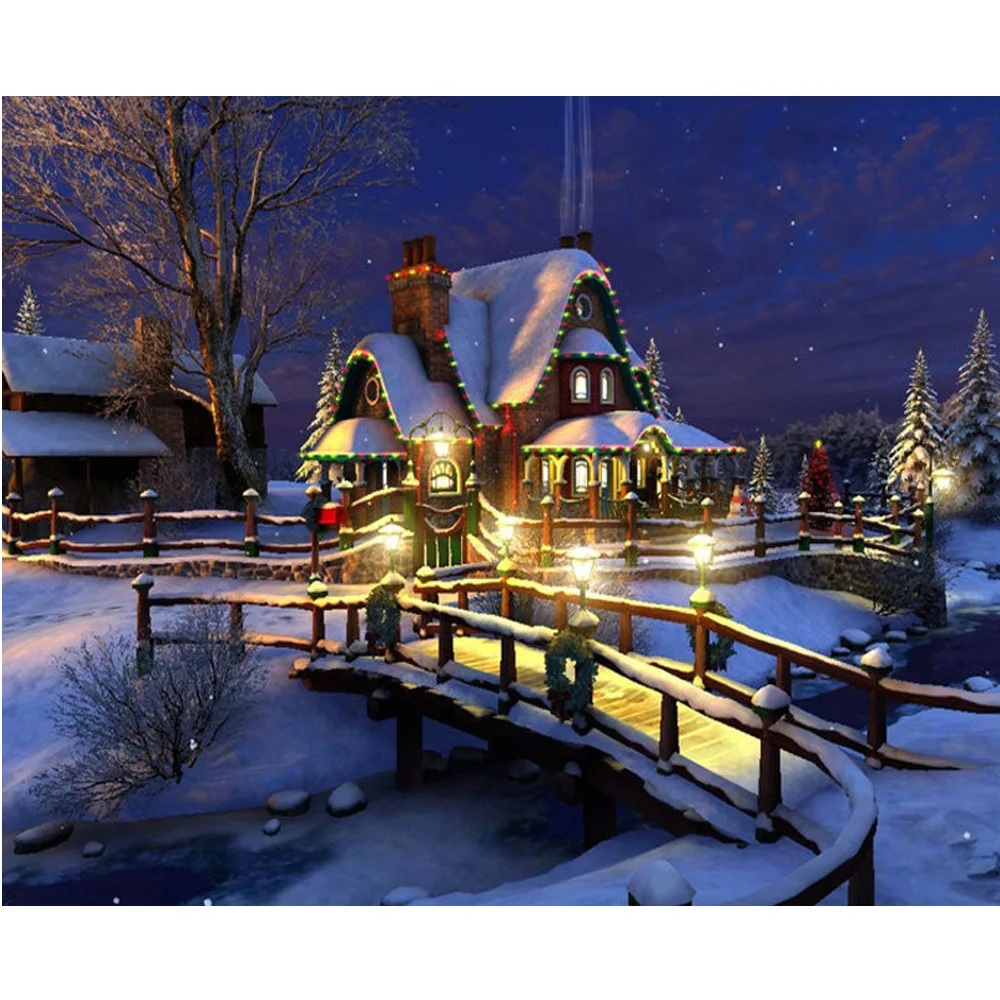 

New 5D DIY Diamond Painting night view Rhinestone Cross Stitch Kits Diamond Embroidery Needlework Set Cheap Christmas Eve H1199
