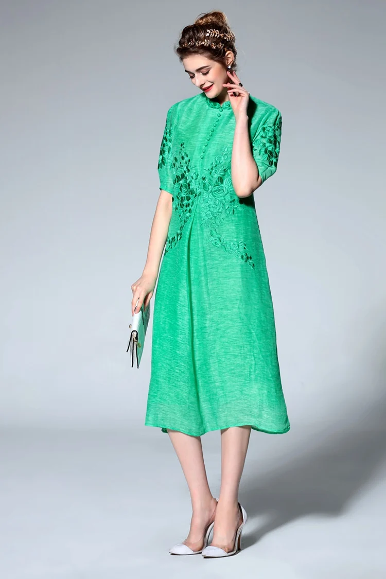Grey Vintage Embroidery Stand Collar Shift Dress (12)