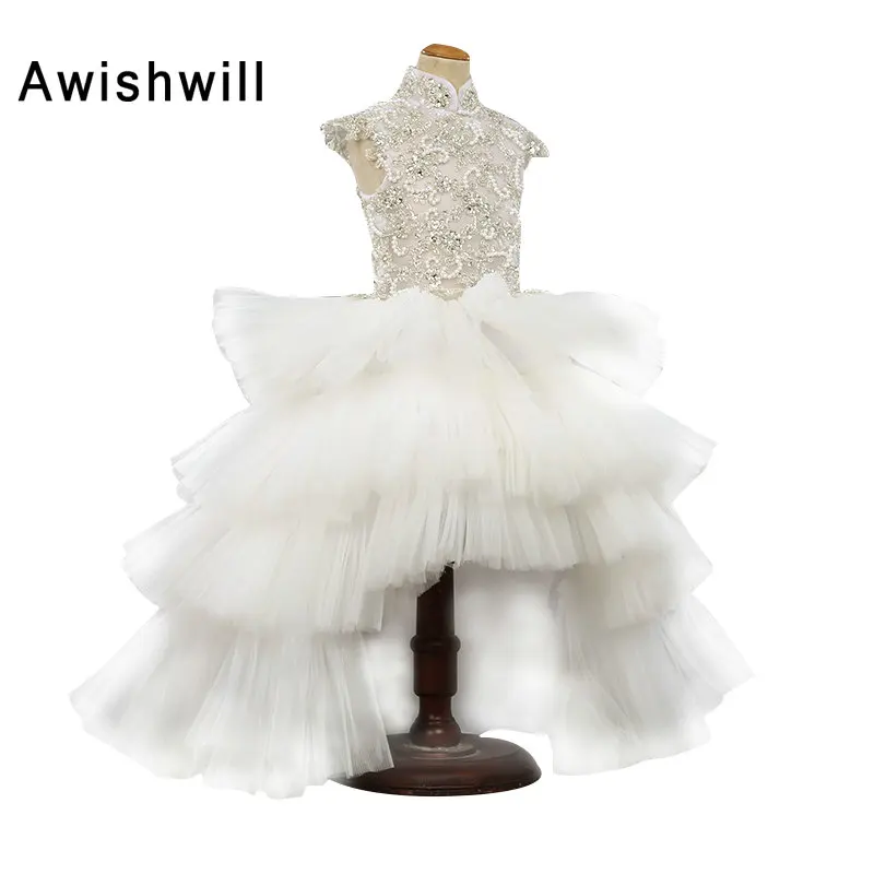 Robe Fille Enfant Mariage de Soiree/Белое многослойное платье с цветочным узором и рукавами